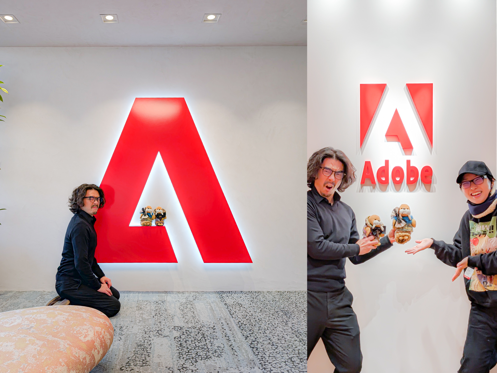 アドビ株式会社日本オフィスのロゴマーク前でこすげさんとの写真